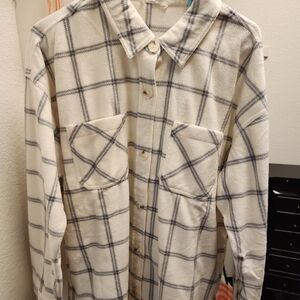 Maurices Cream and Gray Plaid Button-Up Shacket